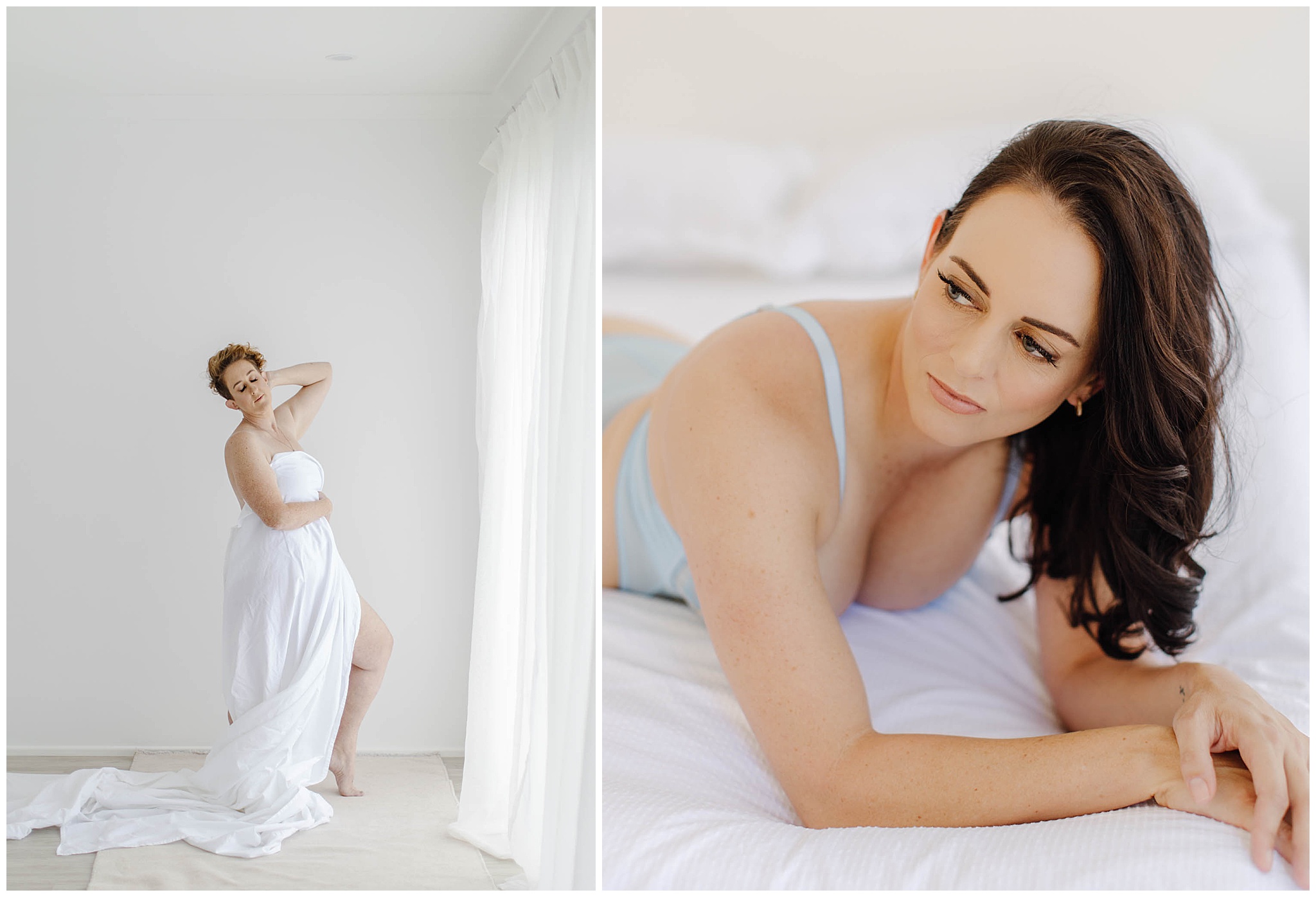 Woman wrapped in white bedsheets and Confident woman posing in a matching bra and thong set during a minimalist boudoir photoshoot in Mackay, Australia