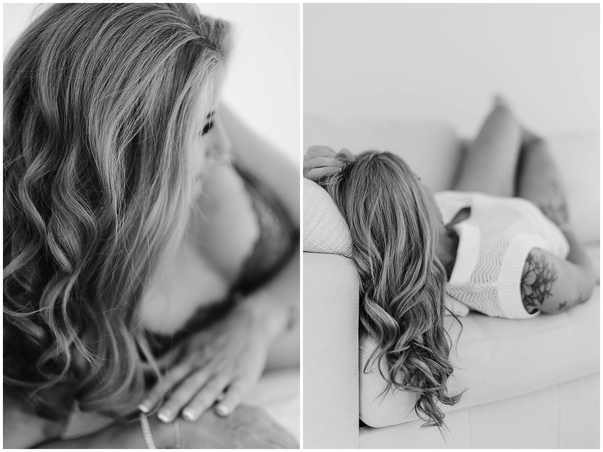 Boudoir photo of a woman wearing a chunky knit sweater and briefs, cozy and real outfit inspiration for Mackay boudoir sessions