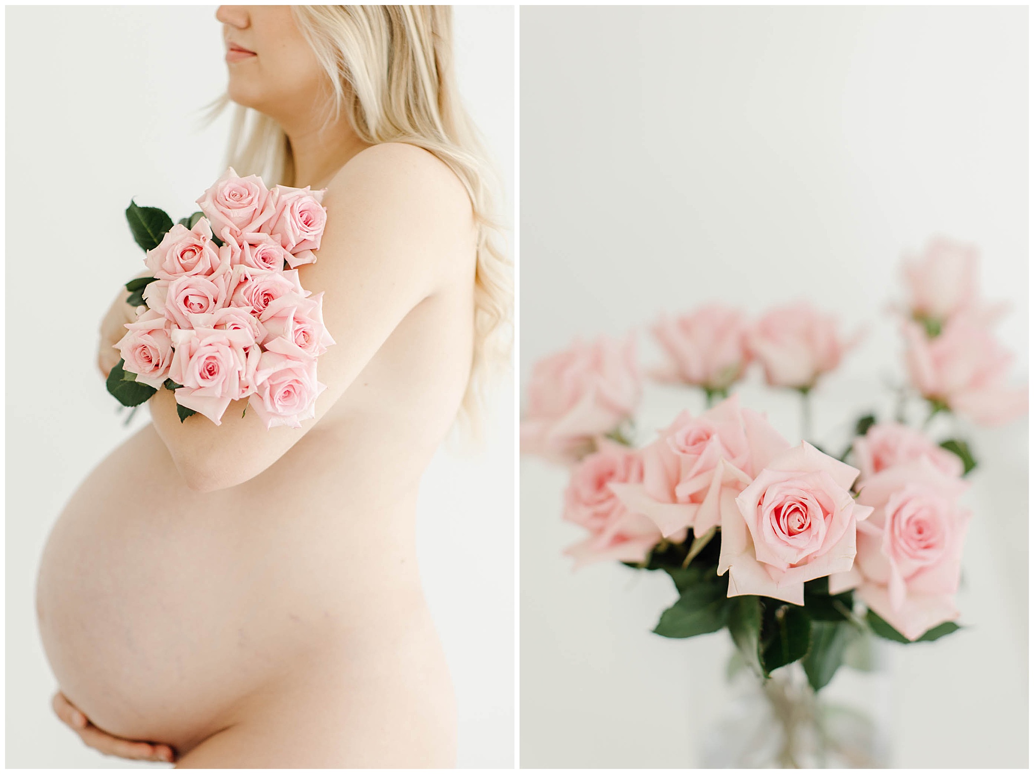 Boudoir maternity photoshoot in Mackay featuring a 36-week pregnant woman in profile holding pink roses in a natural light studio.