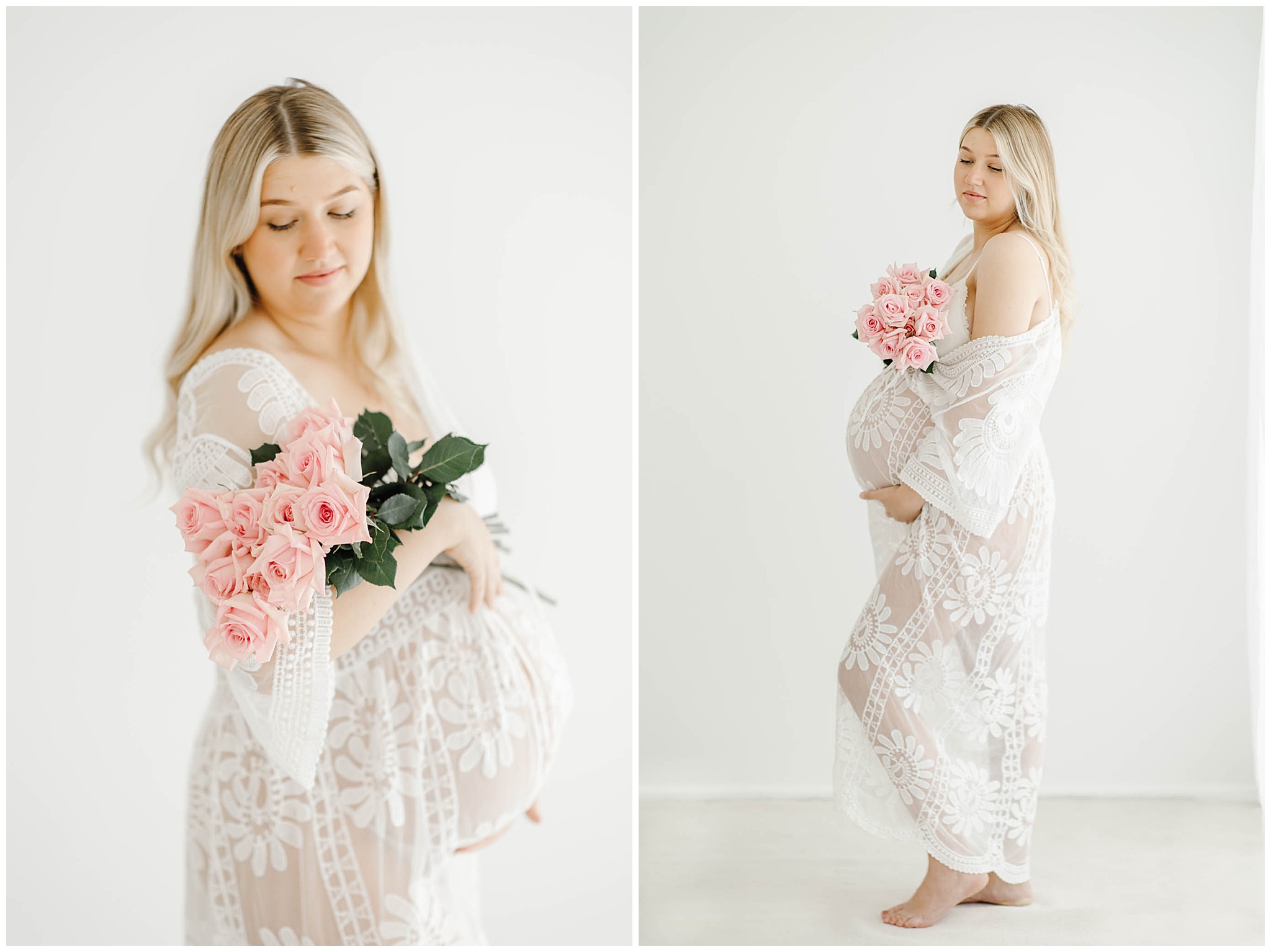 Soft and feminine boudoir maternity photoshoot in Mackay captured in an all-white studio with pink roses draped across the baby bump.