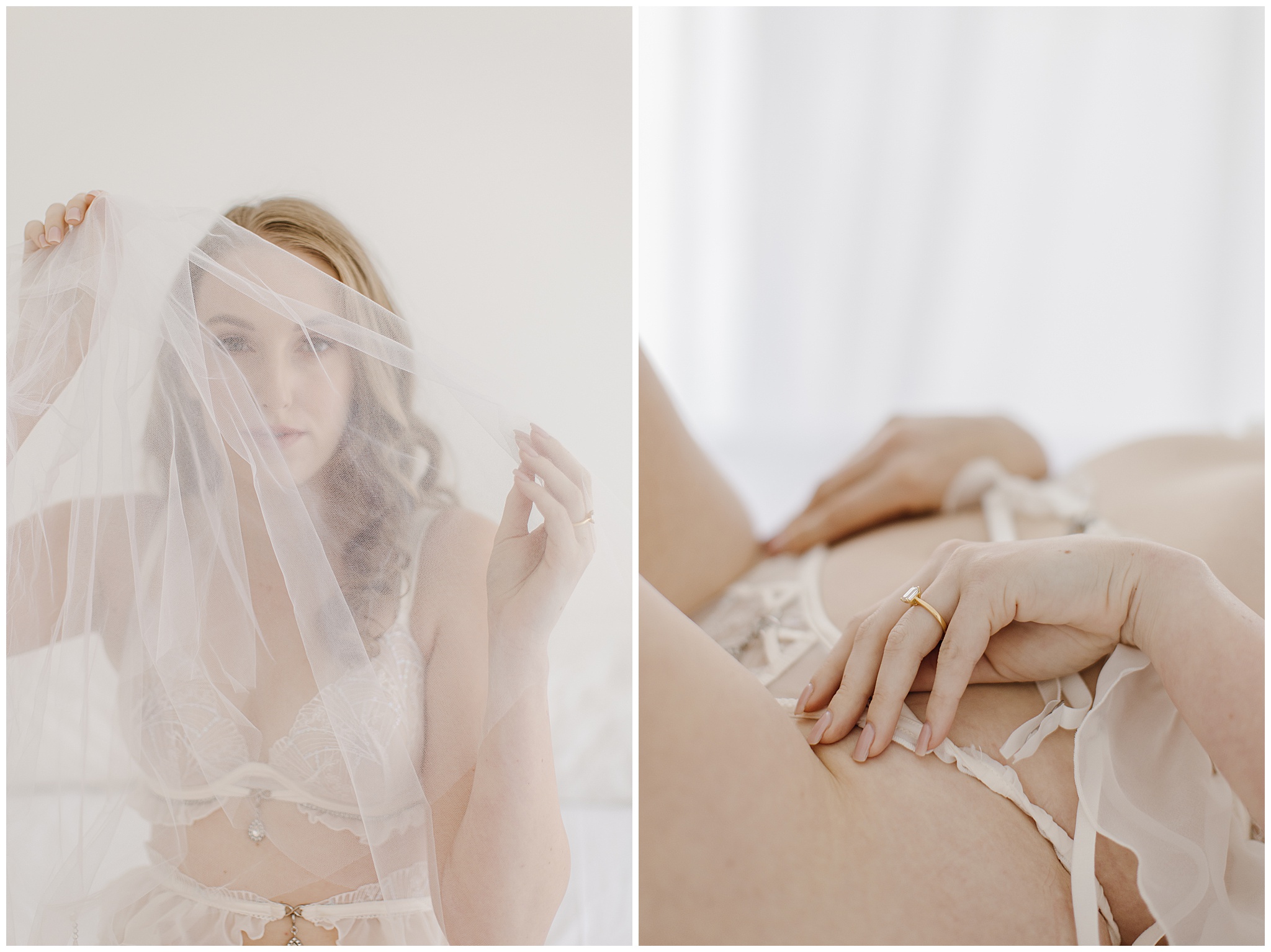 Bride-to-be in white lingerie and vei.