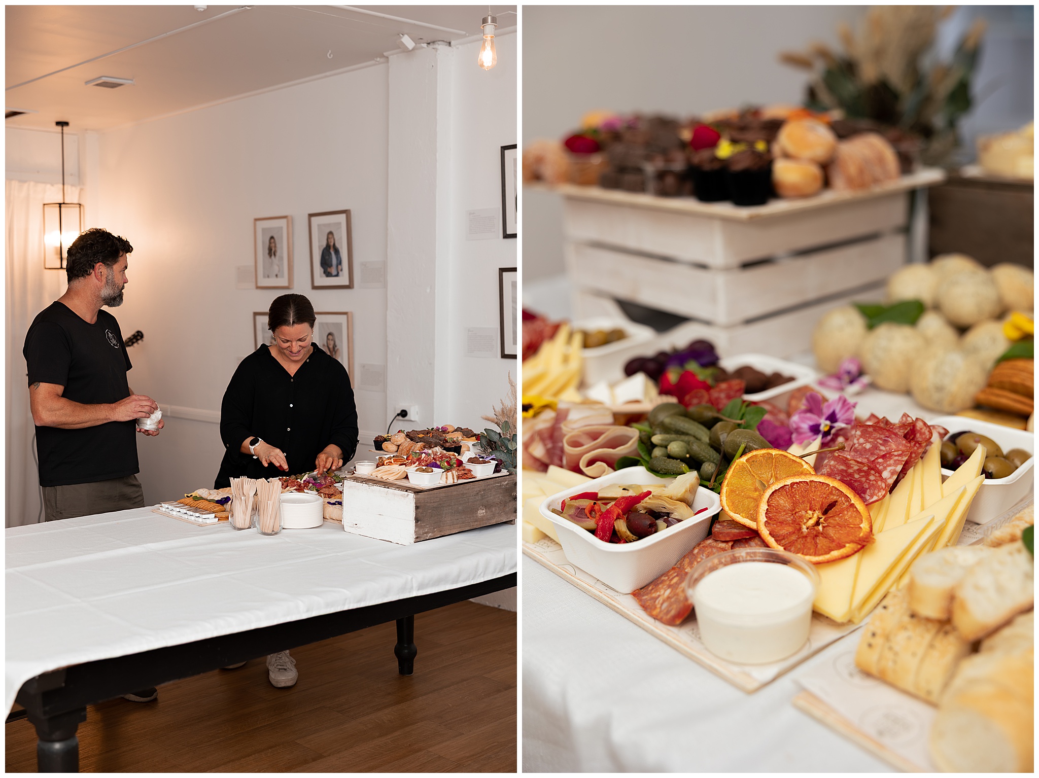 Patti from the Deli Nook setting up the grazing table, with a close-up of fruit and cheese