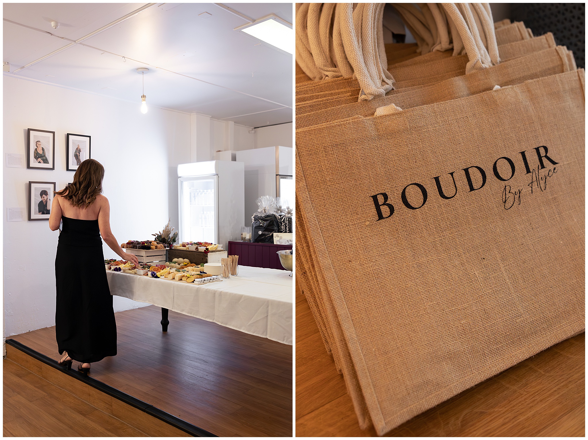 The exhibition space being set up, with Boudoir by Alyce gift bags ready for guests