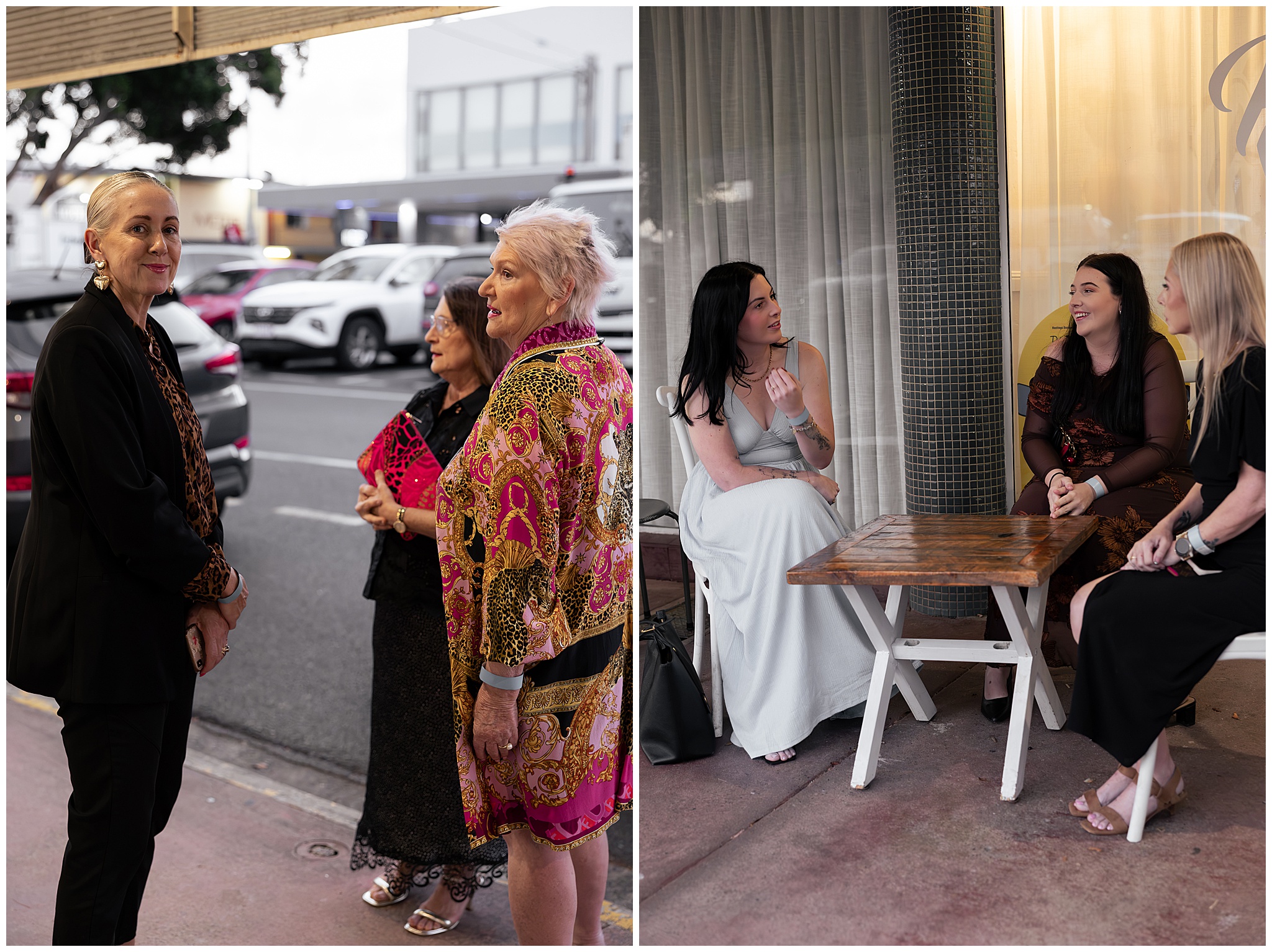 Guests chatting on the footpath outside the Barrel Room before the exhibition