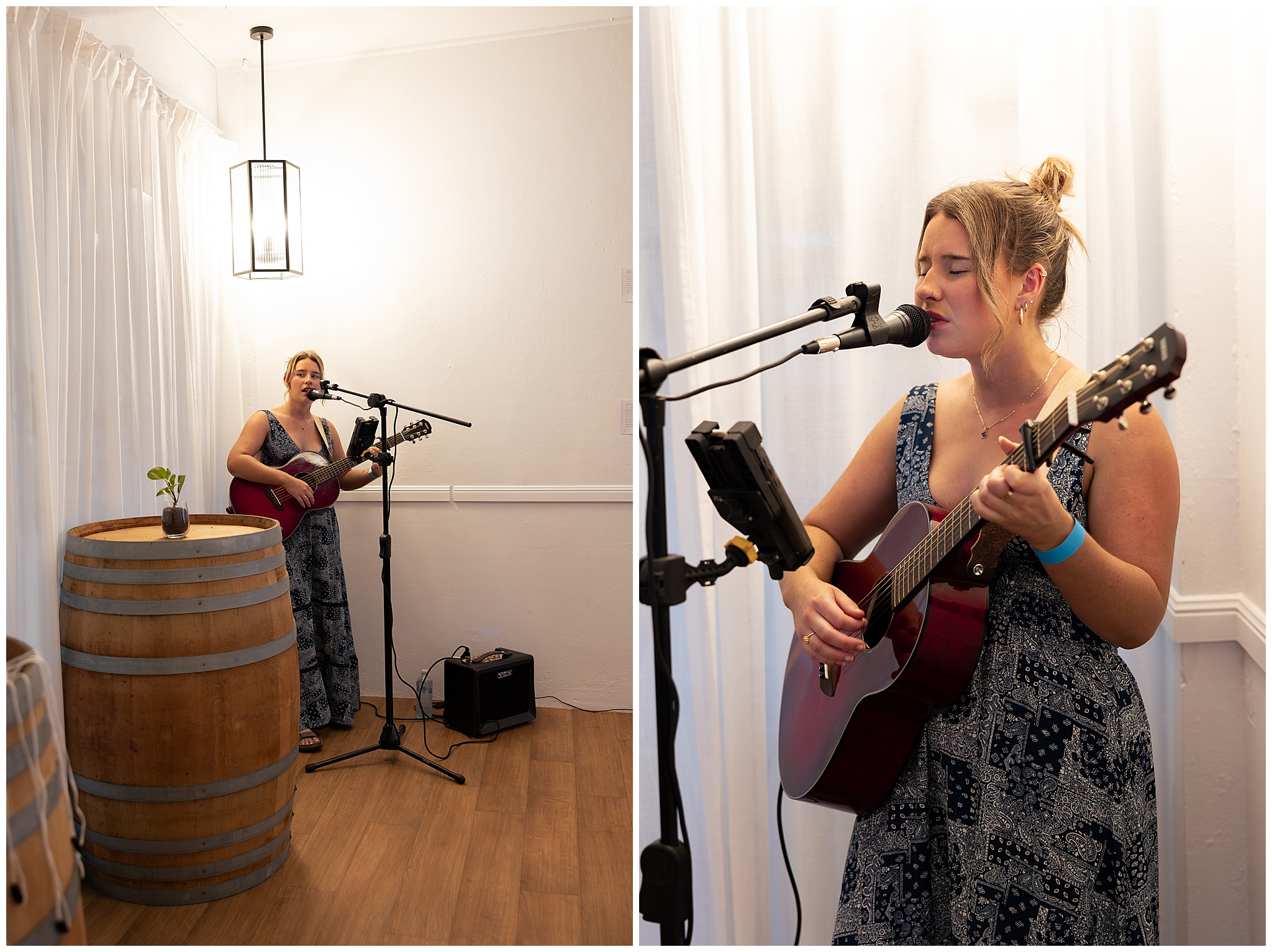Ruby Sue Music singing and playing guitar beside a wine barrel at the Barrel Room