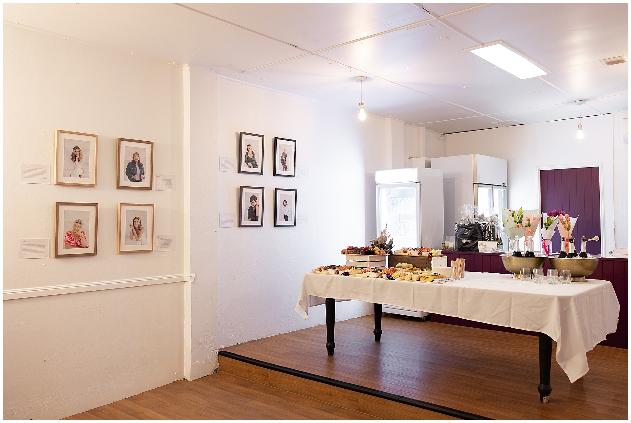 The Barrel Room set up before guests arrived, with the portrait wall and grazing table ready