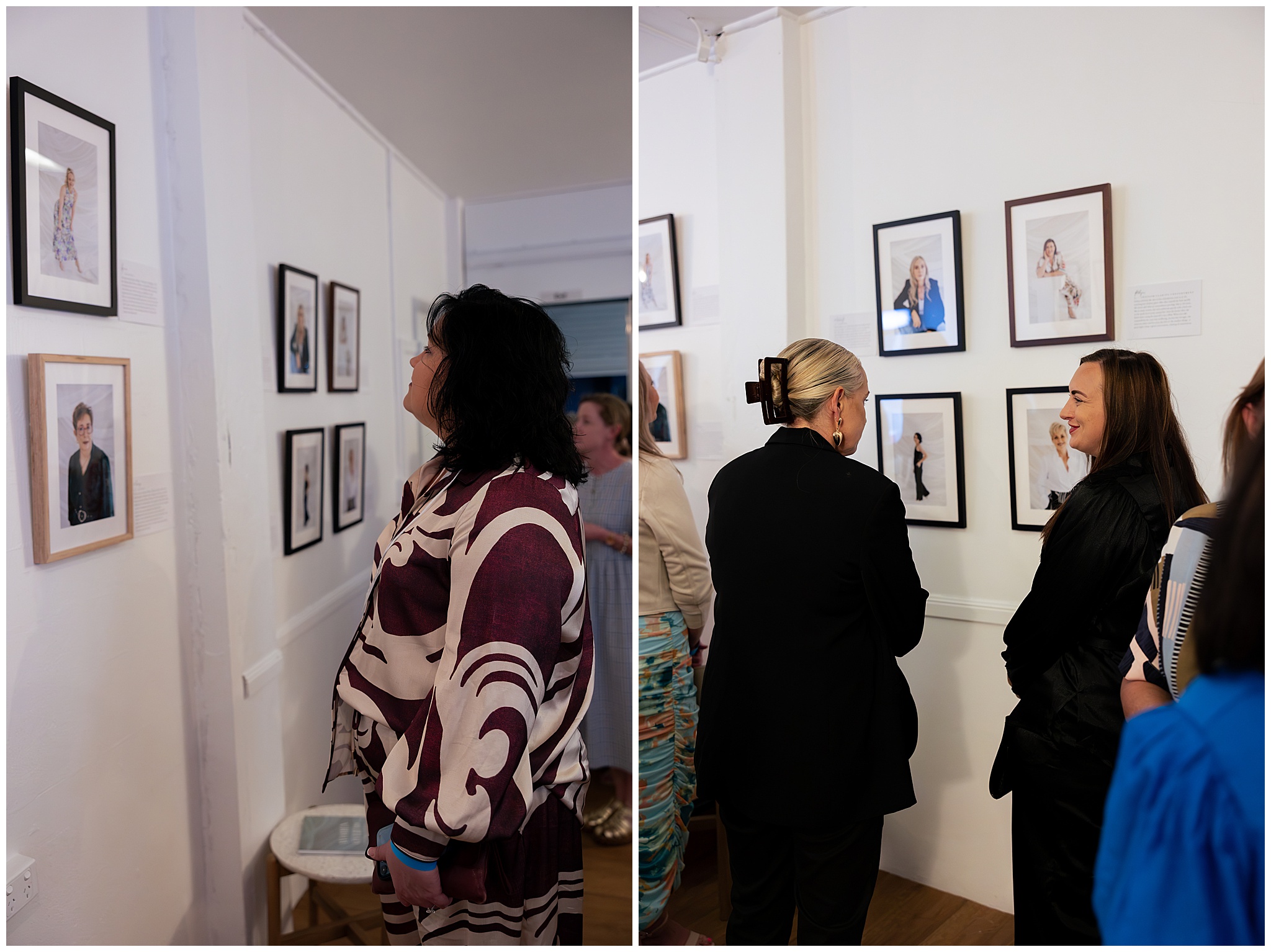 Guests looking closely at the portraits on the wall at the 40 Over 40 exhibition, Mackay