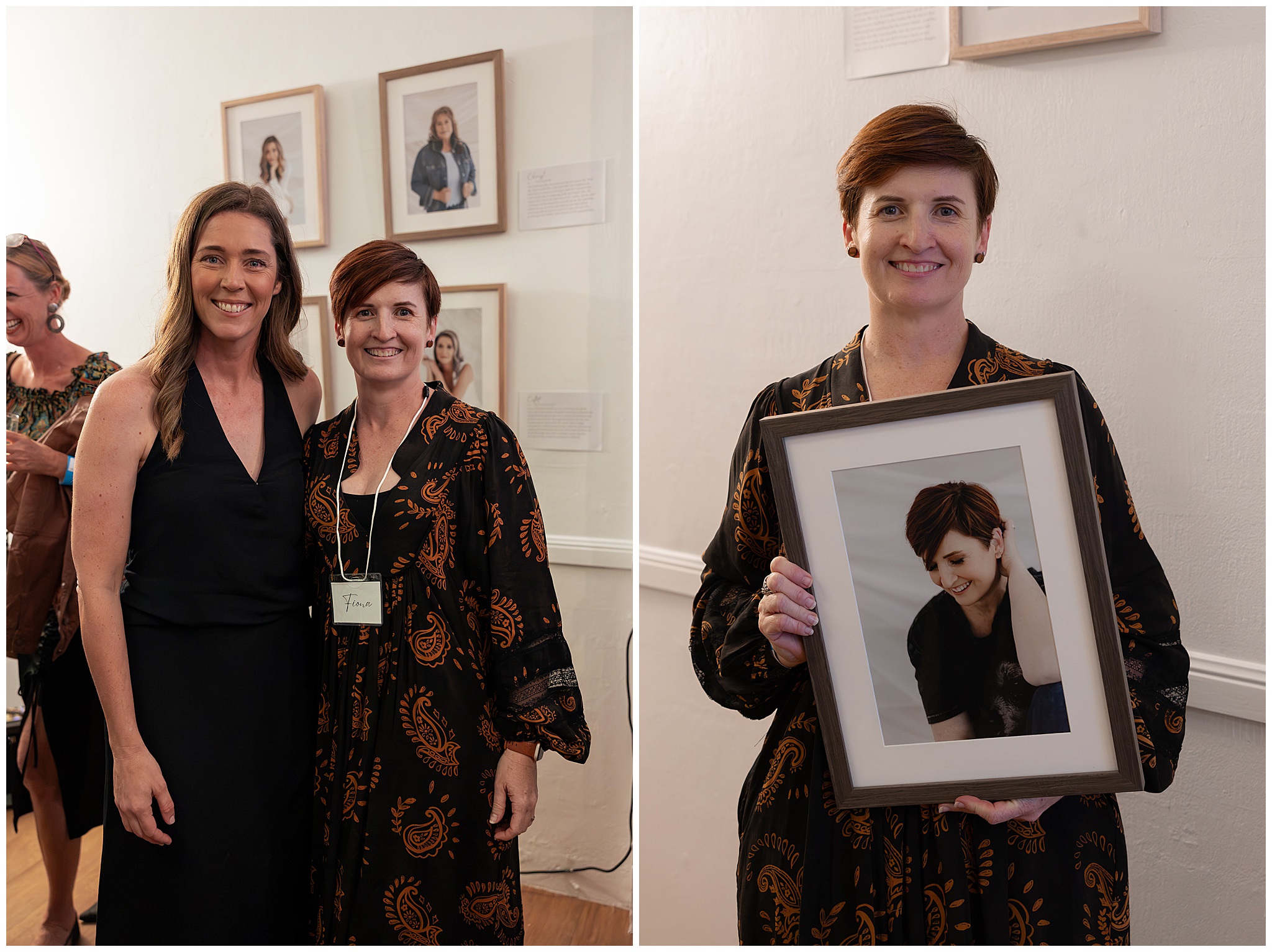 Alyce Holzy and Fiona, a participant, who holds her framed 40 Over 40 Project portrait