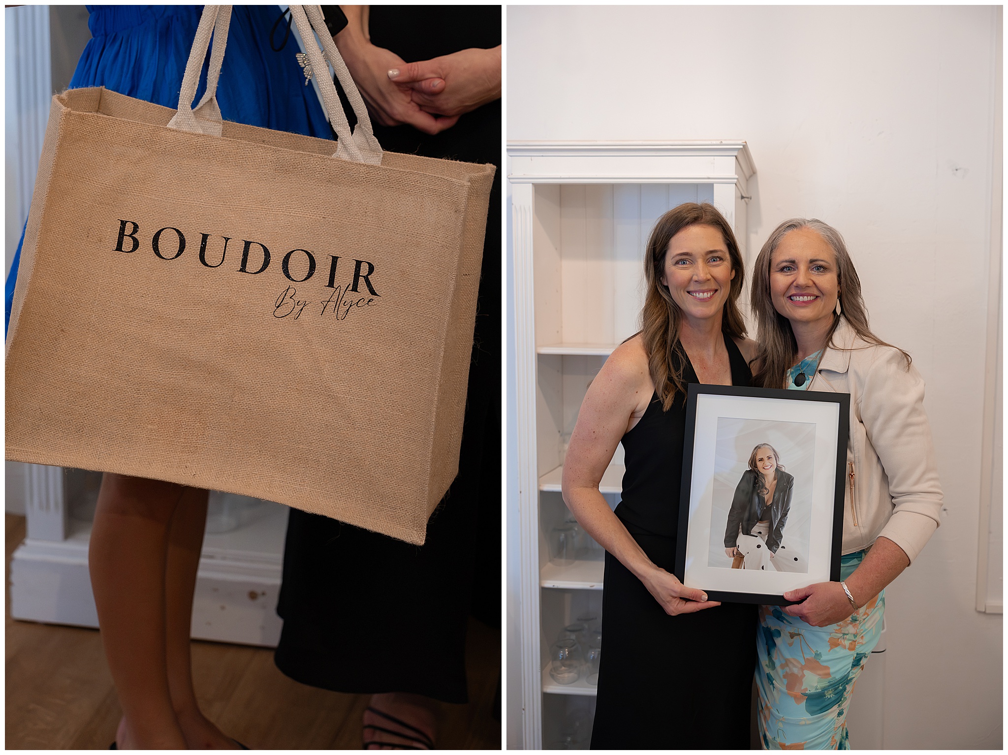 A Boudoir by Alyce jute tote bag, and Alyce with a participant holding her portrait
