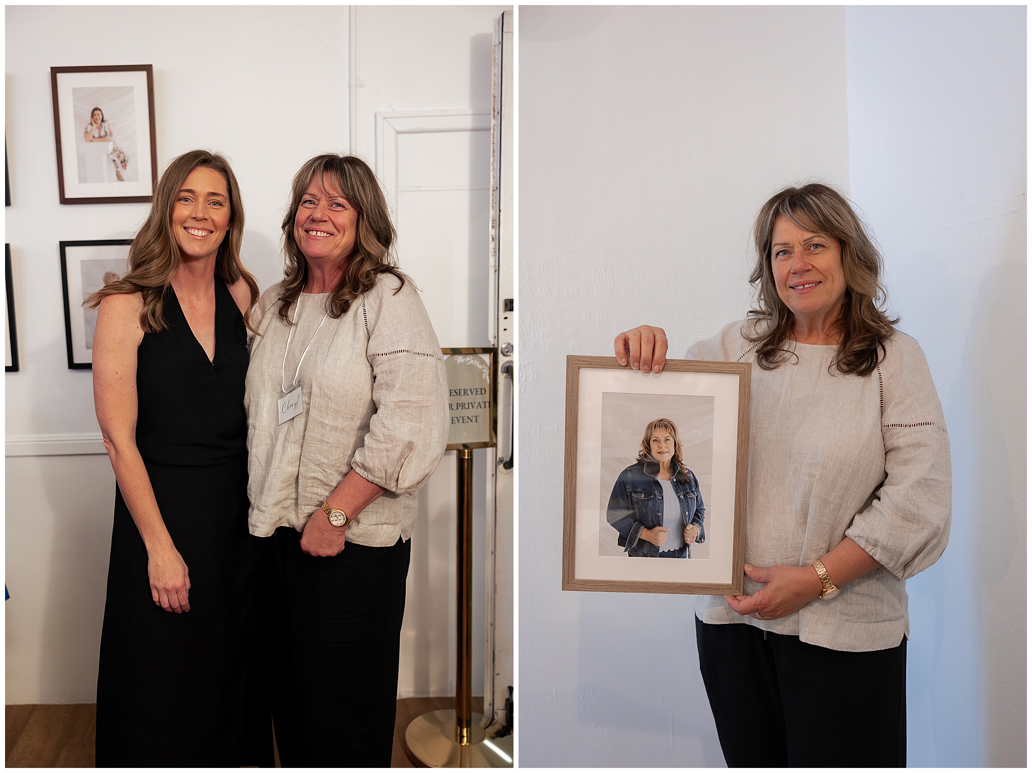 Alyce Holzy with Cheryl in a cream jacket, who holds up her framed 40 Over 40 portrait