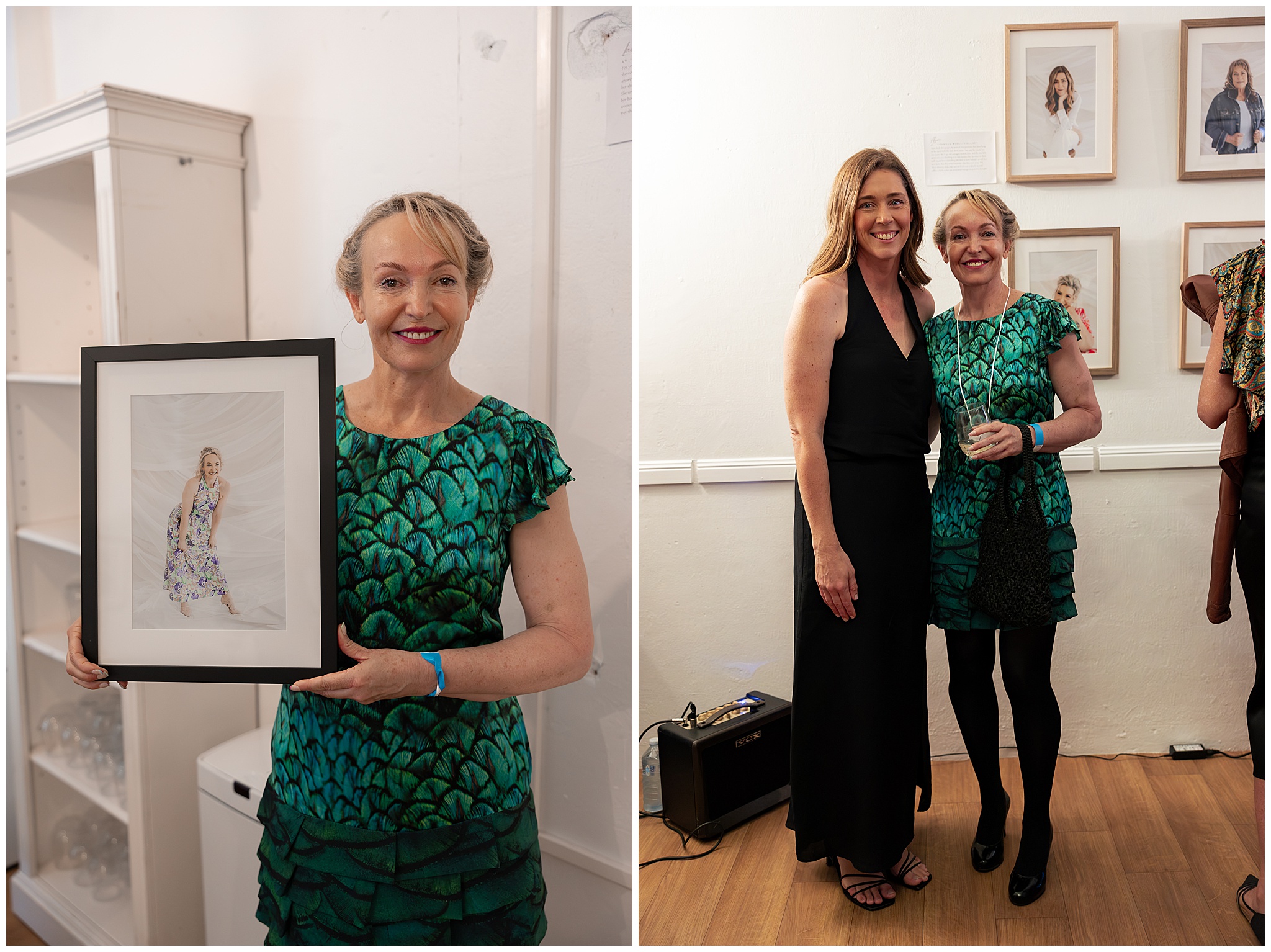 Lynn a 40 Over 40 participant in a green dress holding her framed portrait beside Alyce Holzy