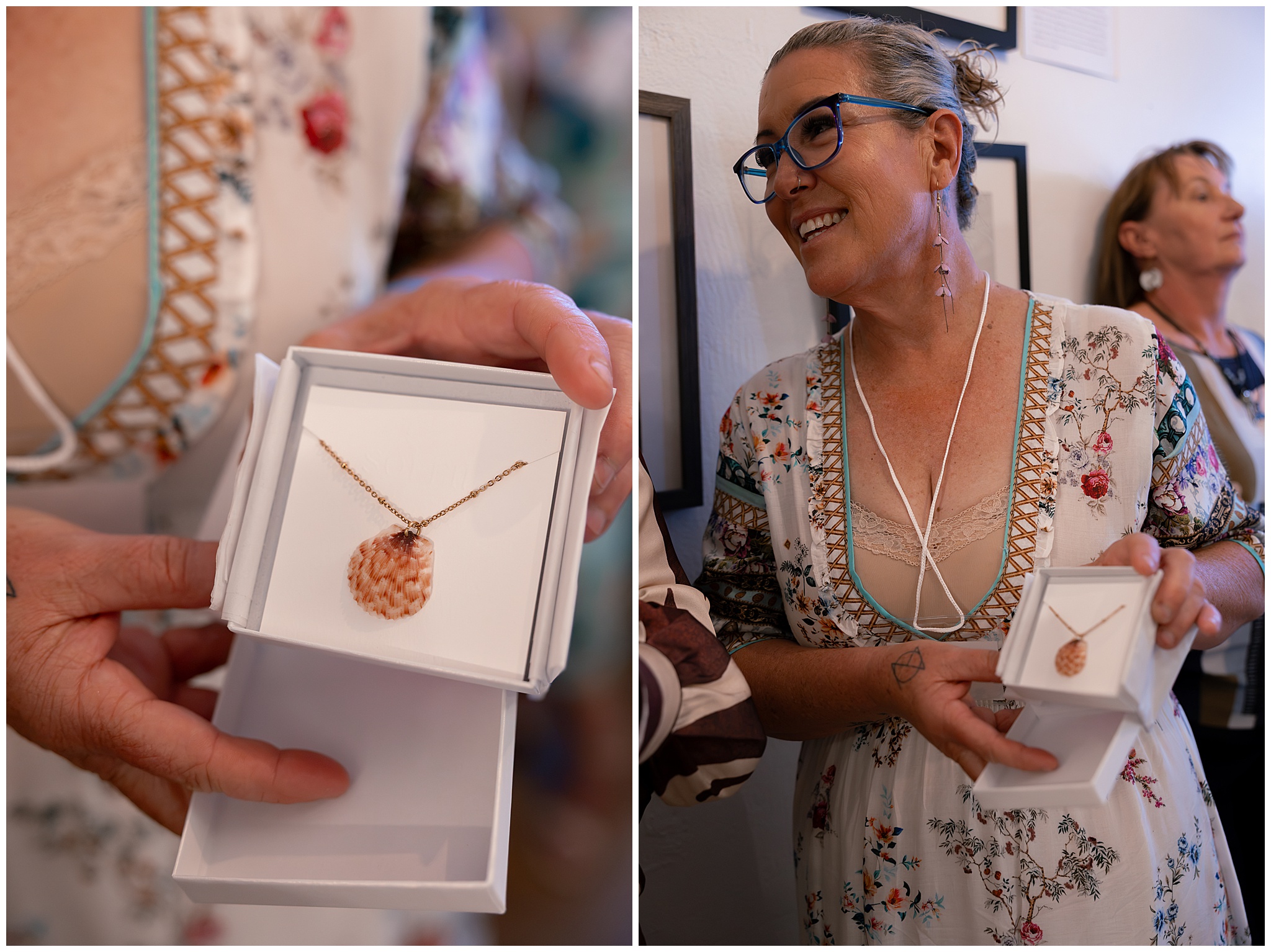 A shell necklace gift in its box, and a smiling 40 Over 40 participant wearing hers