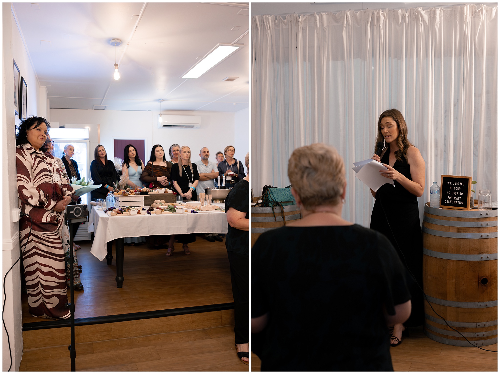 The Barrel Room set up with a grazing table as Alyce Holzy reads her speech to the guests