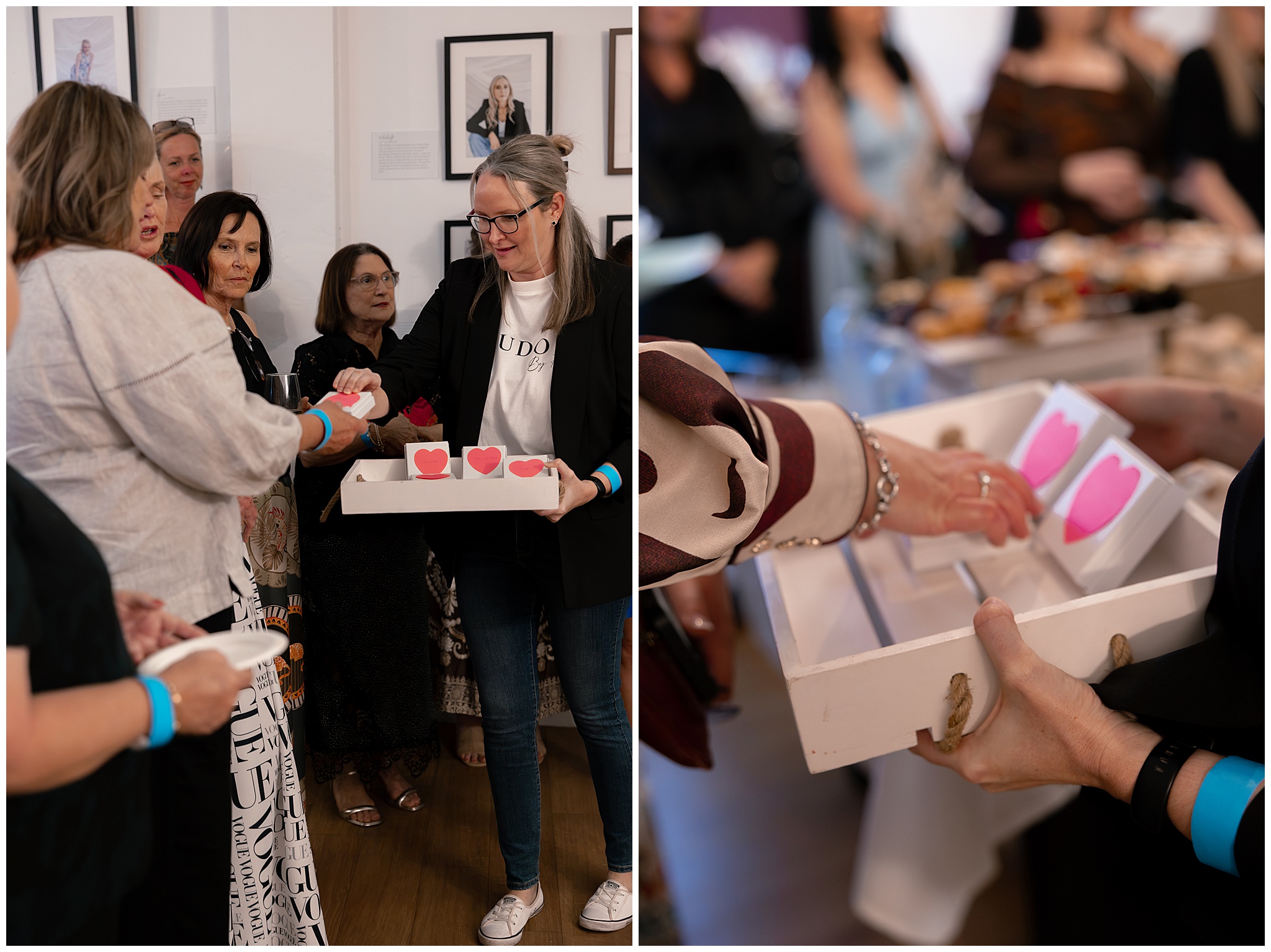 Guests at the welcome table with gift boxes at the 40 Over 40 Project celebration