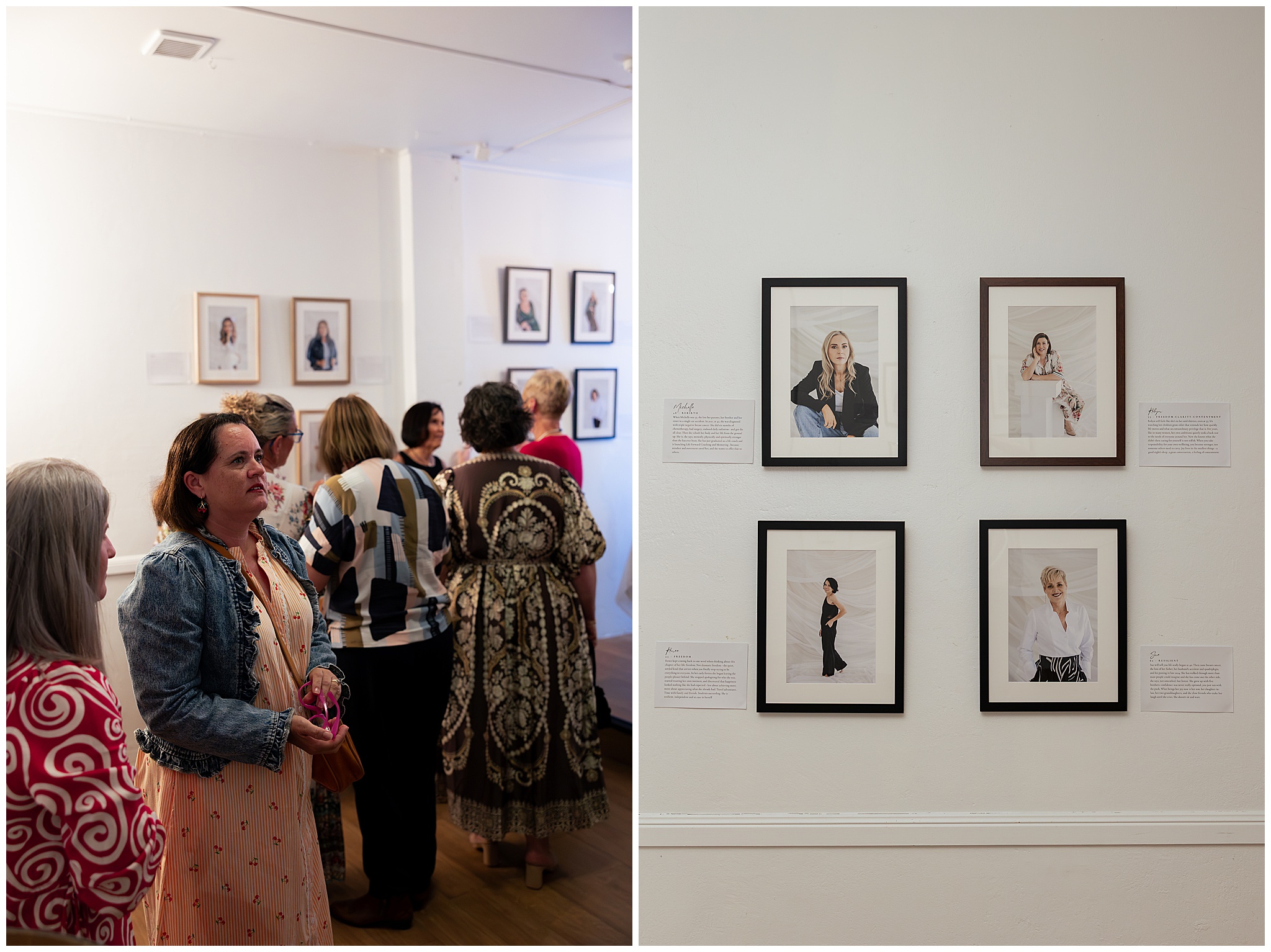 Guests chatting in front of the 40 Over 40 Project portrait wall at the Deli Nook’s Barrel Room, Mackay