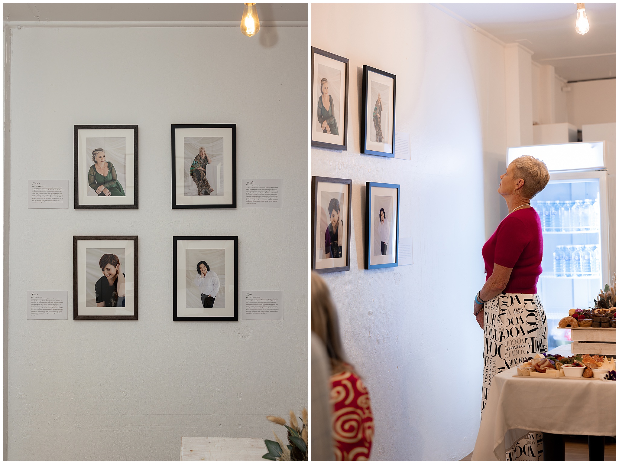 Wall of framed black and white portraits at the 40 Over 40 celebration in Mackay, with a guest in red taking them in