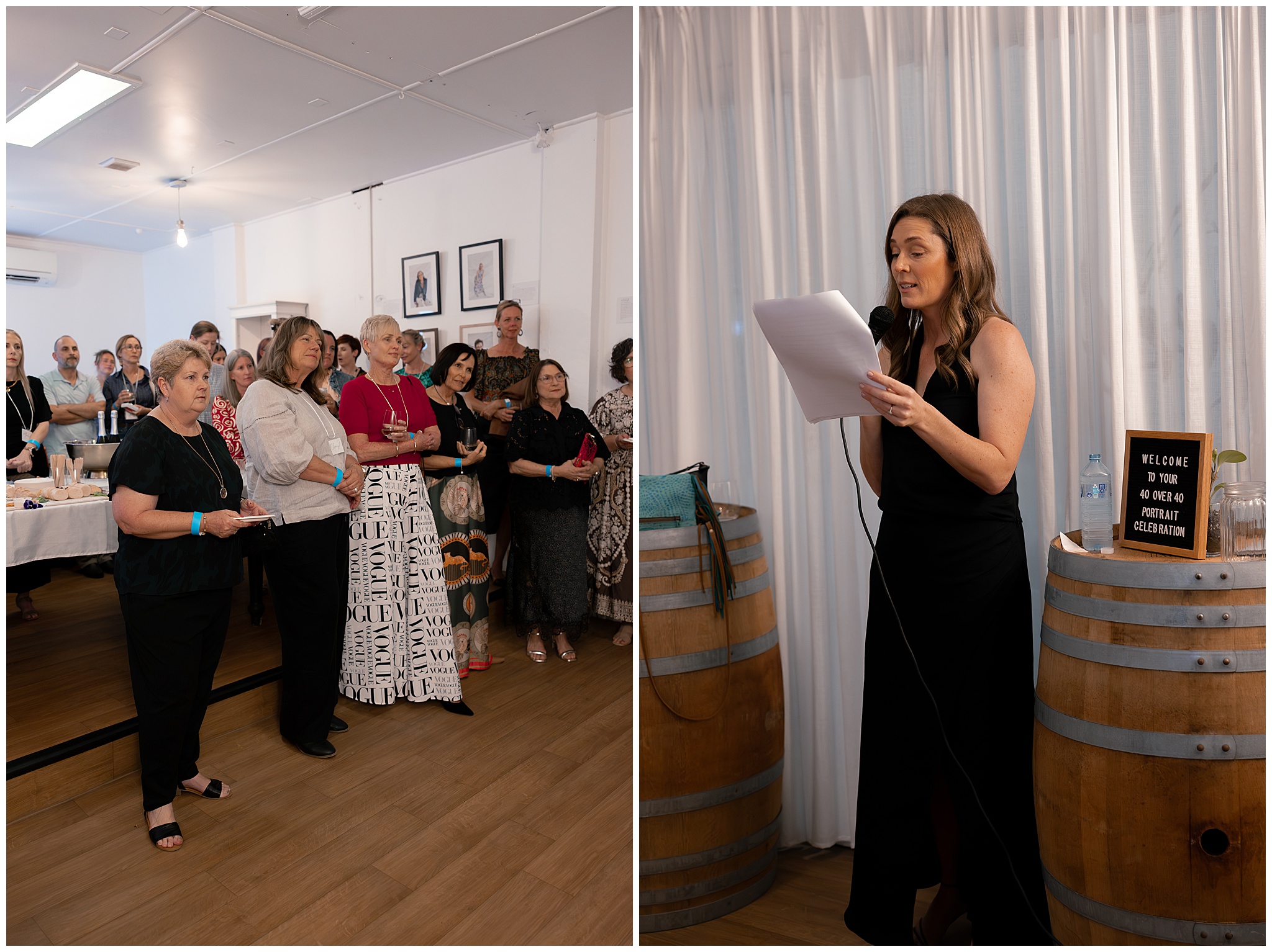 The crowd at the Barrel Room, and Alyce Holzy giving her speech