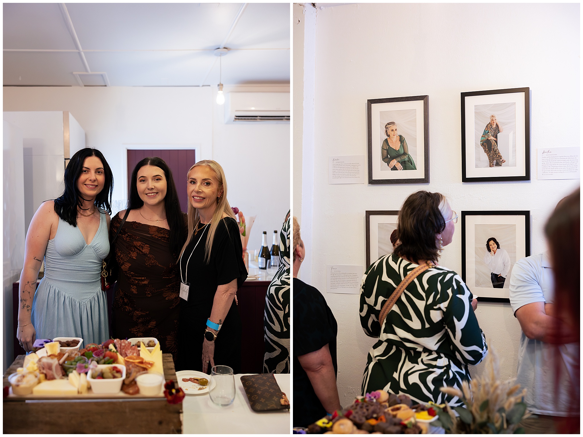 Women standing together at the exhibition, and a guest studying the portraits