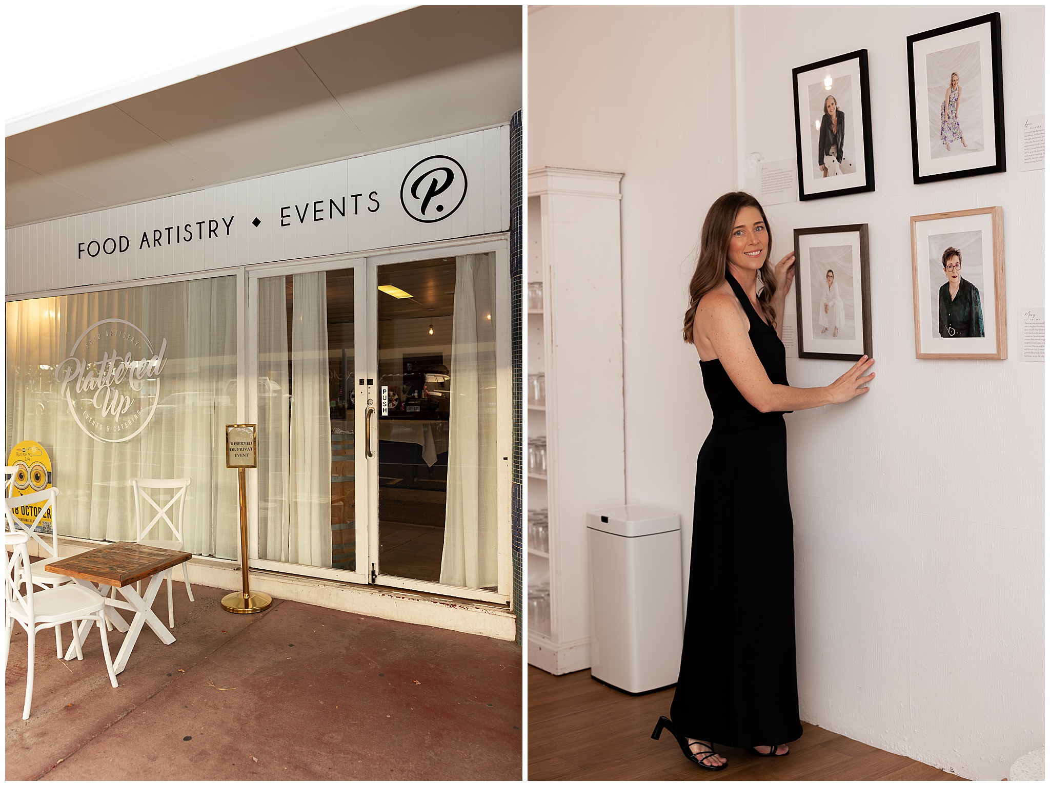 The Plattered Up shopfront, and Alyce Holzy adjusting a frame before the event
