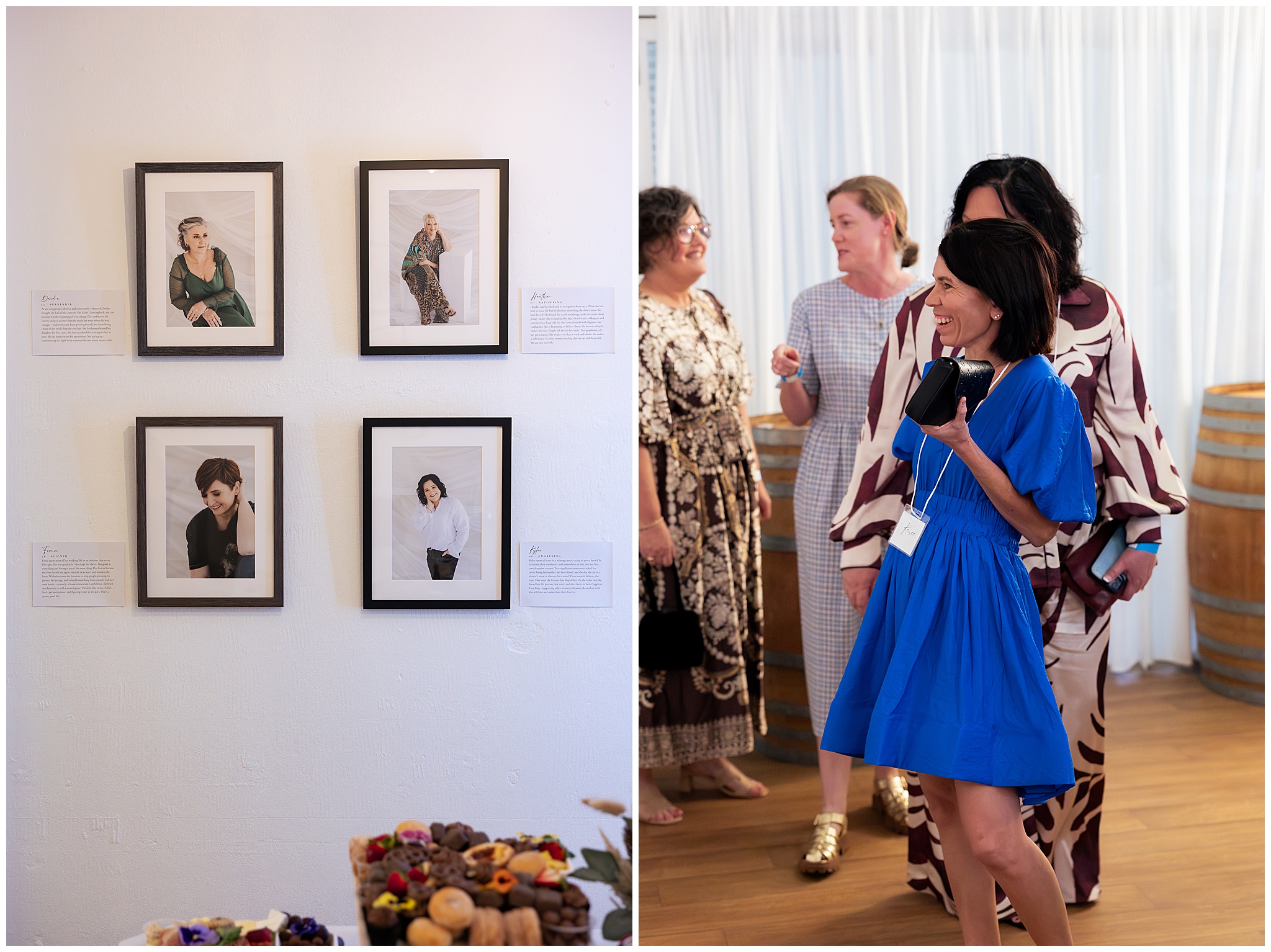 Framed portraits on the wall, and a participant in blue chatting with guests
