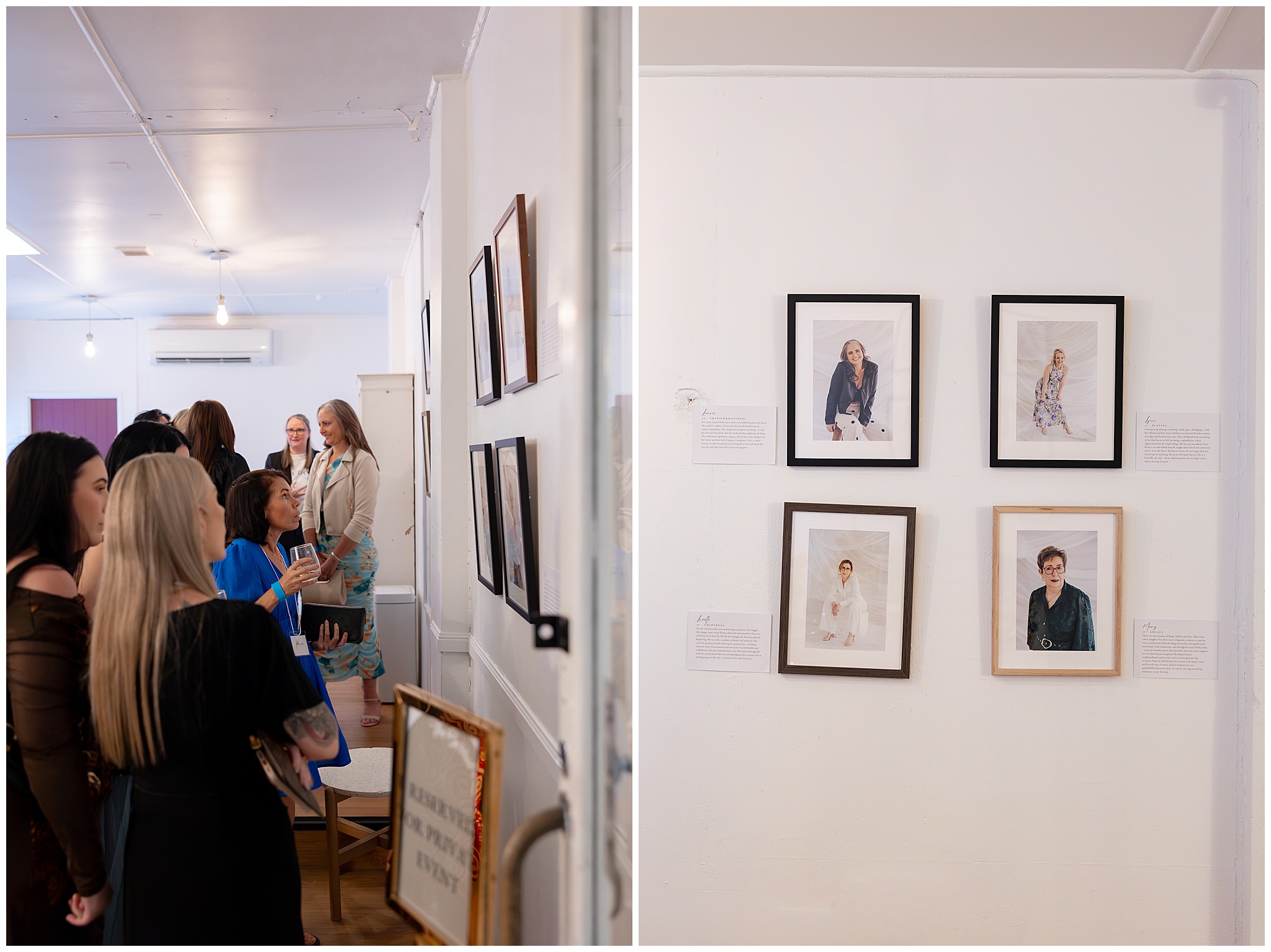 A wall of framed black and white portraits at the 40 Over 40 exhibition in Mackay