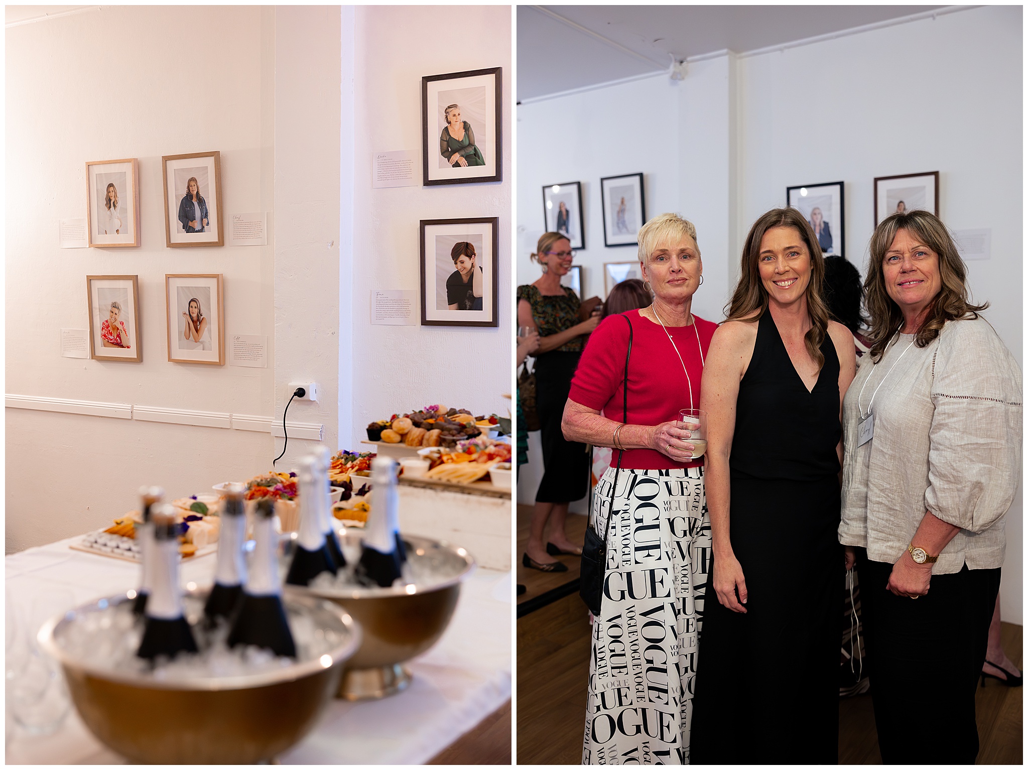 The grazing table, and Alyce Holzy laughing with guests at the 40 Over 40 celebration