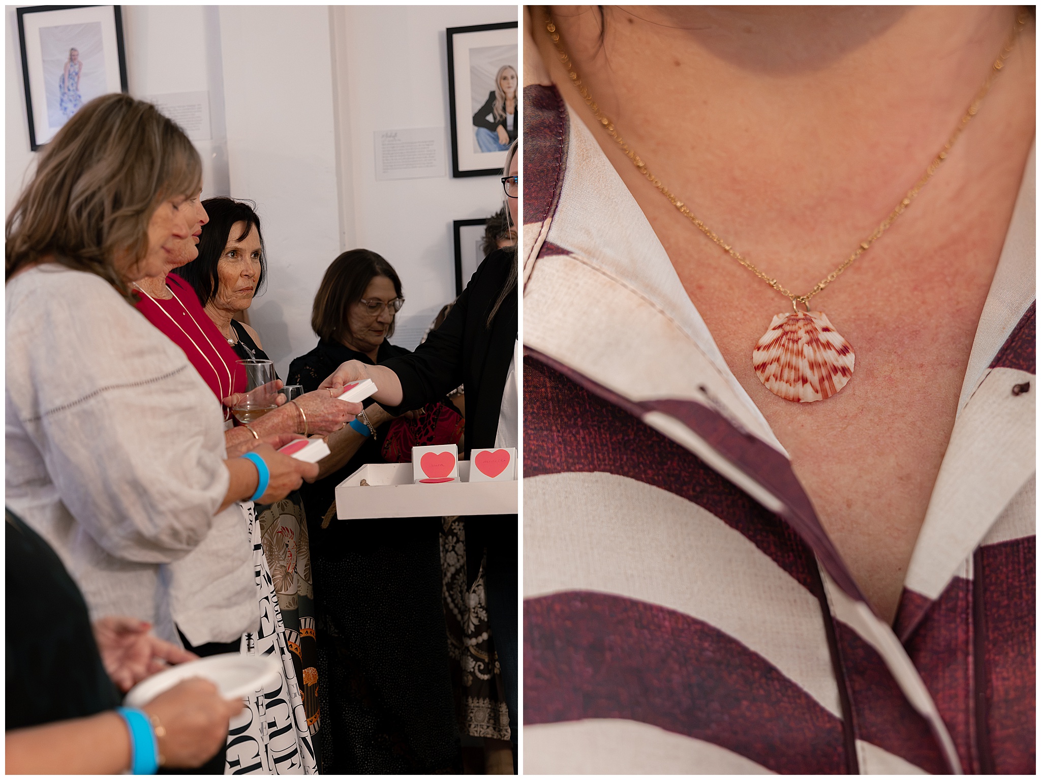 Guests at the welcome table, and a close-up of the shell necklace gift being worn