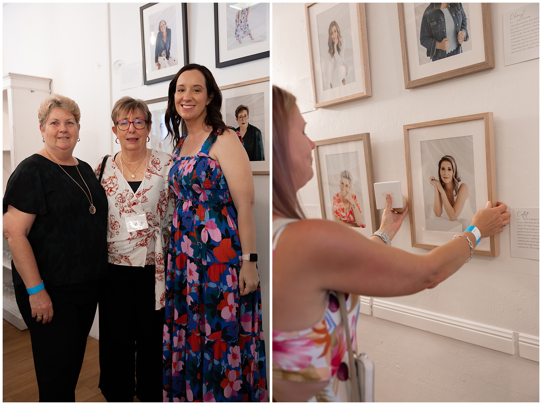 A participant in a floral dress, and a guest pointing out a portrait on the wall