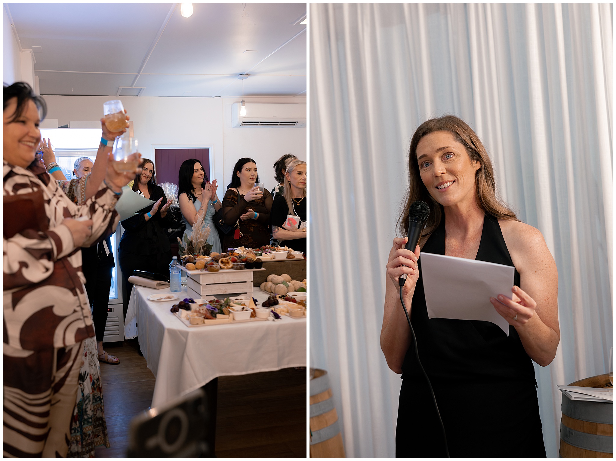 Guests raising a glass to the 40 Over 40 women as Alyce Holzy speaks with her notes and microphone
