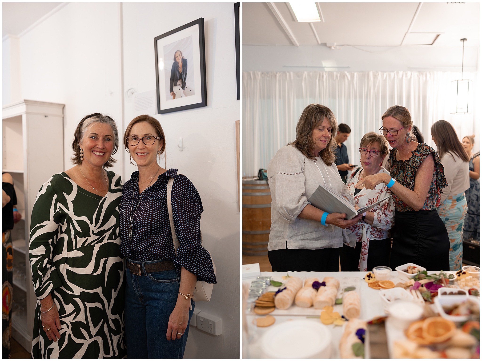 Two participants smiling under a framed portrait, and guests flicking through the 40 Over 40 Project Book