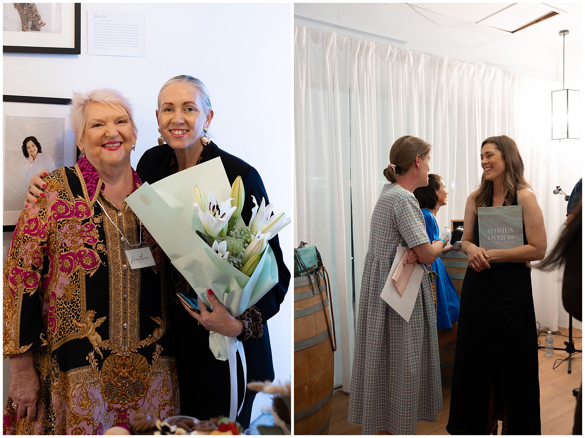 Corissa from Funk It Up holding a bouquet of white lilies with a guest, as others chat by the window
